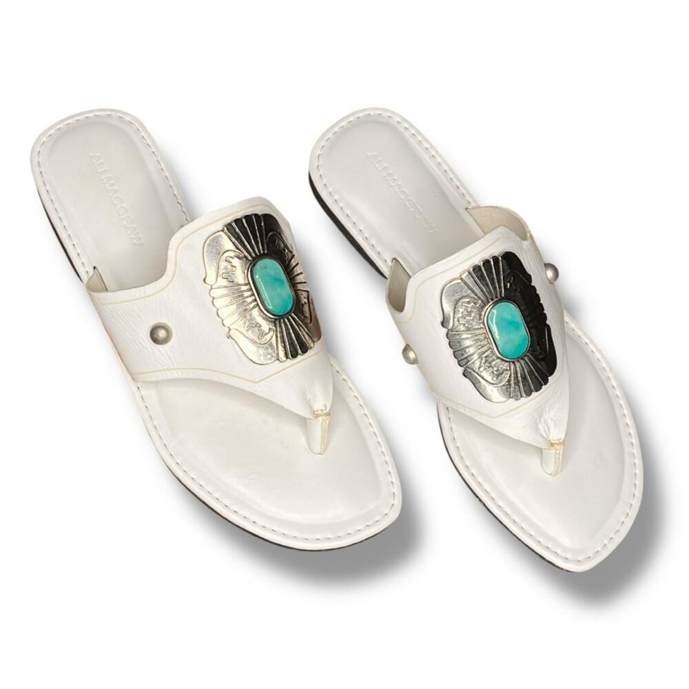 Ali McGraw white turquoise and silver medallion leather sandal NEW - Picture 3 of 5